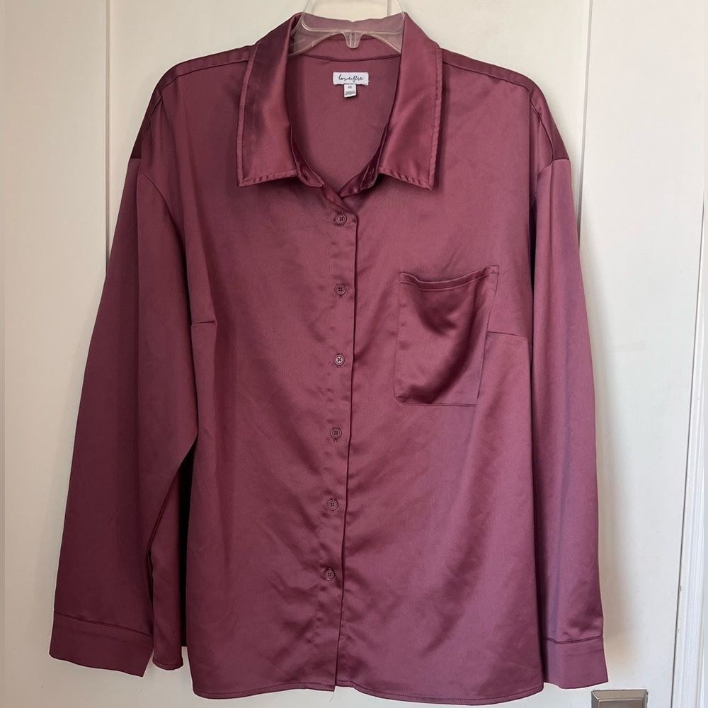 LOVE FIRE Women's Deep Rose Pocketed Hammered-satin Cuffed Long  Sleeve SZ 1X